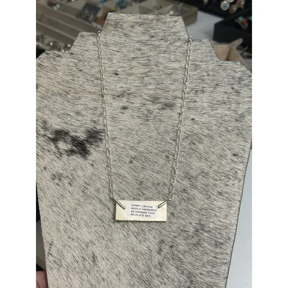 Native Navajo Handmade Sterling Kenny Longjose Kingman Turquoise Bar Necklace - Picture 3 of 10